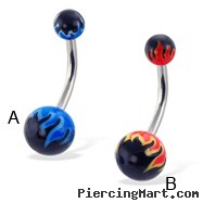 Belly button ring with flame balls