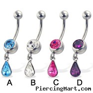 Jeweled belly button ring with dangling teardrop gem