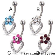 Jeweled flower and heart belly button ring