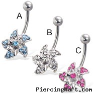 Jeweled flower belly button ring