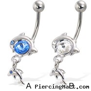 Belly button ring with big gem and two dolphins