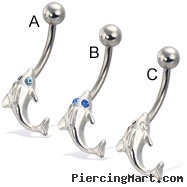 Dolphin with jeweled eyes belly button ring