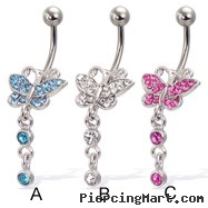 Jeweled butterfly navel ring with two dangling gems