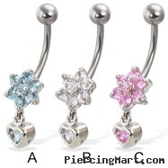 Jeweled flower belly button ring with dangling jeweled heart