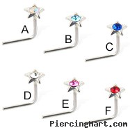 Sterling silver L-shaped nose pin with jeweled star, 20 ga