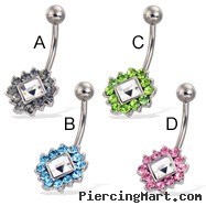 Jeweled flower belly button ring with square center stone
