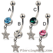 Jeweled belly button ring with dangling gemmed star