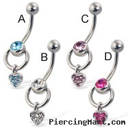 Door knocker belly button ring with jeweled heart