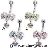 Jeweled bow belly button ring with dangling heart