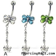 Jeweled butterfly belly button ring with dangling butterfly