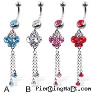 Butterfly belly button ring with two gems on chains