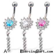 Jeweled heart belly button ring with 5-stone dangle