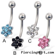 Jeweled 6-petal flower belly button ring