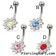 Jeweled belly button ring with colored pointed center stone