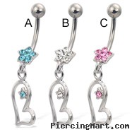 Jeweled flower navel ring with star on dangling asymmetric heart