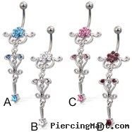 Jeweled belly button ring with flower and dangling charm