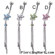 Jeweled flower belly button ring with three cylinders on dangles