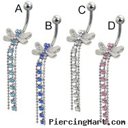 Jeweled dragonfly belly button ring with three dangles