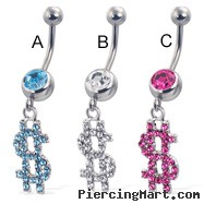 Jeweled dollar sign belly button ring