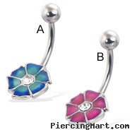 Colored 6-petal flower belly button ring with gem