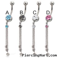 Belly button ring with three small metal hearts on dangles