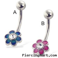 Colored flower belly button ring with five round petals and gem