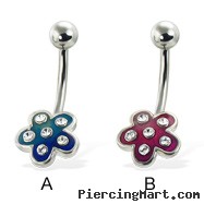 Colored 5-petal flower belly button ring with gems