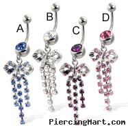 Jeweled belly button ring with bow and three dangles