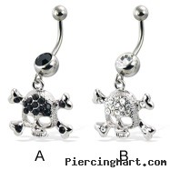 Jeweled skull and cross-bones belly button ring