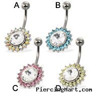 Belly button ring  with big gem framed by small color gems