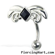 Hinged reversed belly button ring with black square gem and scrolls