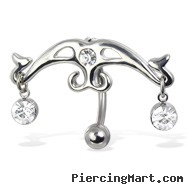 Hinged reversed belly button ring with two gems dangling from sides