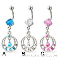 Navel ring with dangling jeweled double ring and teardrop shaped gem