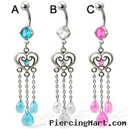 Belly button ring with heart and three teardrop gems on chains