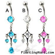 Belly button ring with dangling gems