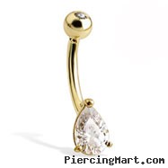 14K Gold Belly Button Ring With Teardrop-Shaped Stone And Jeweled Top Ball