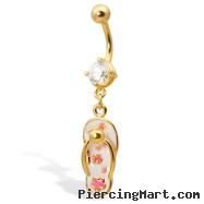 Gold Tone belly button ring with dangling flip-flop