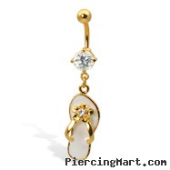 Gold Tone dangling flip-flop with flower belly button ring