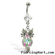 Navel ring with dangling jeweled owl