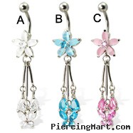 Flower belly button ring with dangling butterfly and teardrops