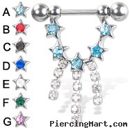 Nipple ring with five jeweled stars and three dangles, 14 ga
