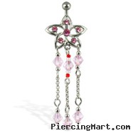 Jeweled belly button ring with flower and three dangles