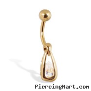 Gold Tone belly button ring with teardrop gem in a frame
