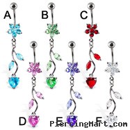 Belly button ring with flower and heart on a vine