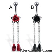 Metal rose belly button ring with dangling crystals