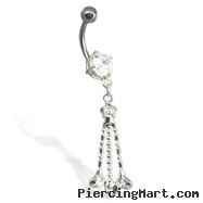 Belly button ring with three hearts on dangles