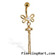 Gold Tone navel ring with dragonfly and dangles