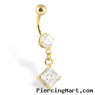 Gold Tone navel ring  with dangling diamond shaped stone
