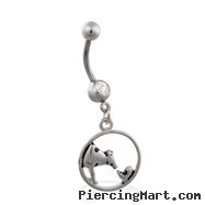 Jeweled belly ring with dangling cow and chicken circle