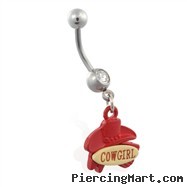 Jeweled belly ring with dangling "COWGIRL" and hat